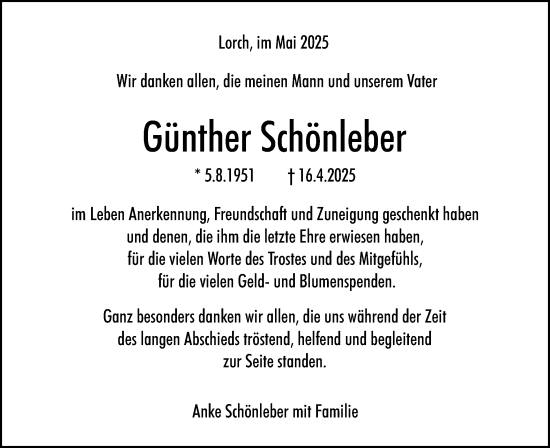 Traueranzeige von Günther Schönleber von Gmünder Tagespost