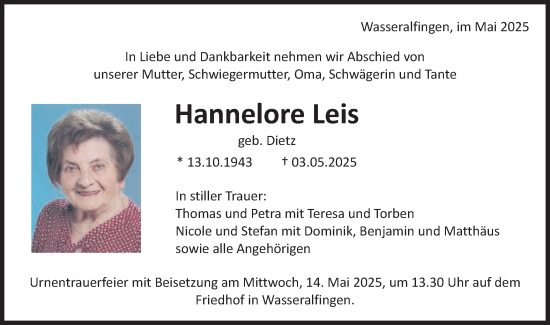 Traueranzeige von Hannelore Leis von Schwäbische Post