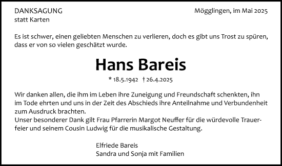 Traueranzeige von Hans Bareis von Gmünder Tagespost