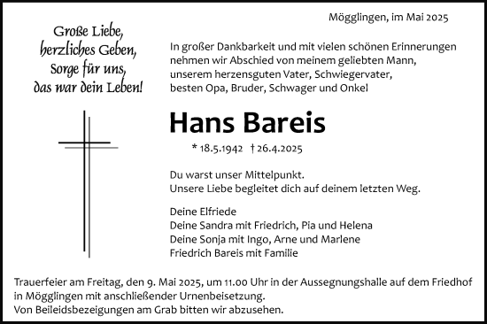 Traueranzeige von Hans Bareis von Gmünder Tagespost
