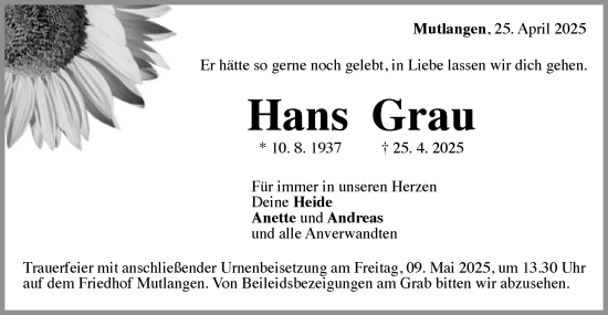 Traueranzeige von Hans Grau von Gmünder Tagespost