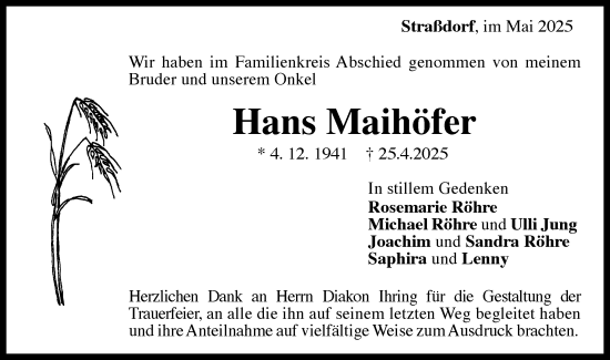 Traueranzeige von Hans Maihöfer von Gmünder Tagespost