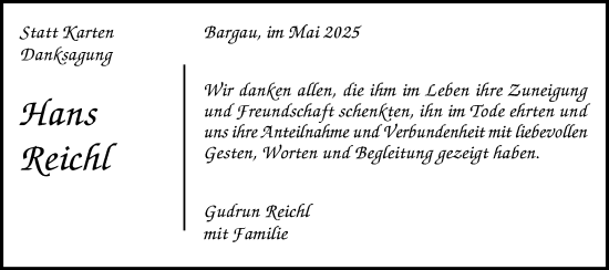 Traueranzeige von Hans Reichl von Gmünder Tagespost
