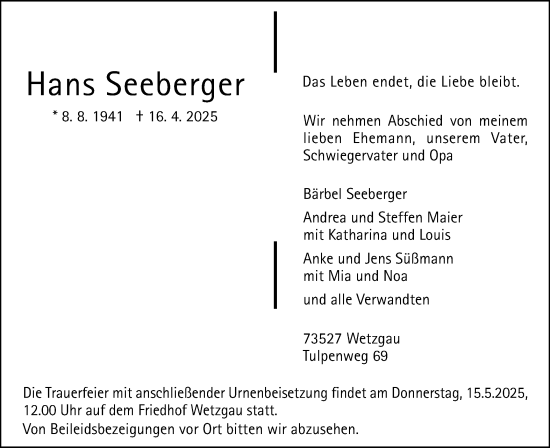 Traueranzeige von Hans Seeberger von Gmünder Tagespost
