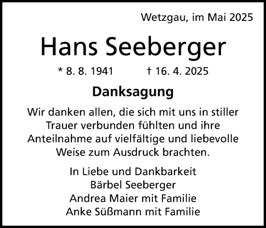 Traueranzeige von Hans Seeberger von Gmünder Tagespost
