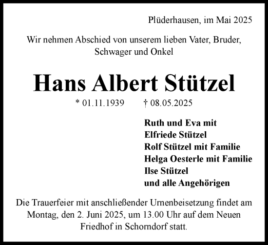 Traueranzeige von Hans Albert Stützel von Gmünder Tagespost