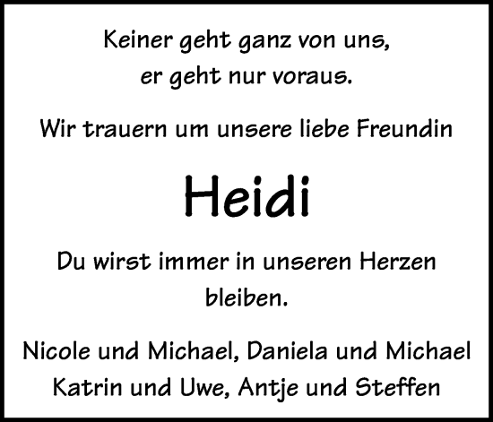 Traueranzeige von Heidi  von Schwäbische Post