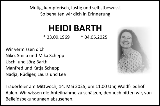Traueranzeige von Heidi Barth von Schwäbische Post