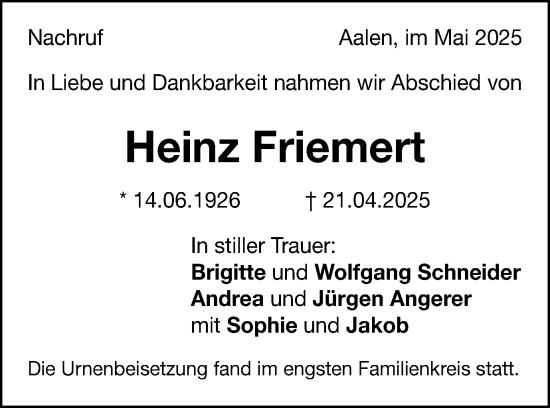 Traueranzeige von Heinz Friemert von Schwäbische Post