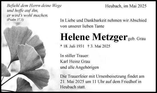 Traueranzeige von Helene Metzger von Gmünder Tagespost