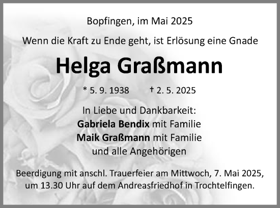 Traueranzeige von Helga Graßmann von Schwäbische Post