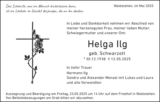 Traueranzeige von Helga Ilg von Gmünder Tagespost