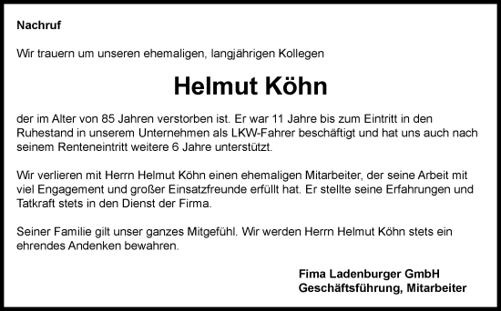 Traueranzeige von Helmut Köhn von Schwäbische Post