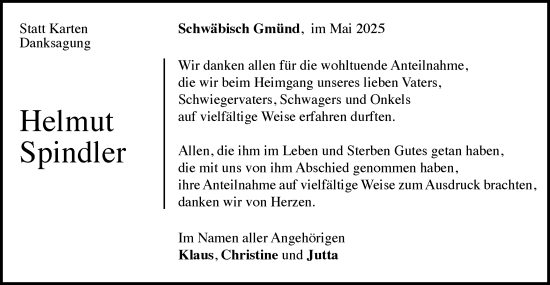 Traueranzeige von Helmut Spindler von Gmünder Tagespost