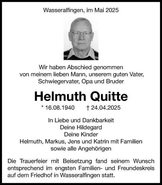 Traueranzeige von Helmuth Quitte von Schwäbische Post