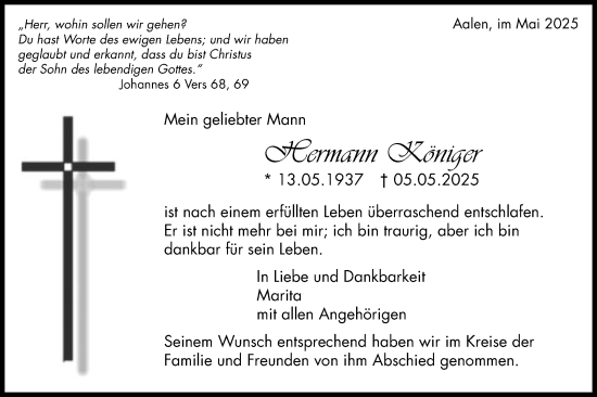 Traueranzeige von Hermann Königer von Schwäbische Post