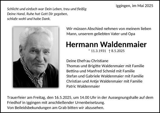 Traueranzeige von Hermann Waldenmaier von Gmünder Tagespost