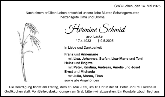 Traueranzeige von Hermine Schmid von Schwäbische Post