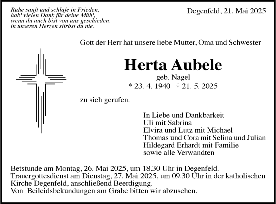 Traueranzeige von Herta Aubele von Gmünder Tagespost