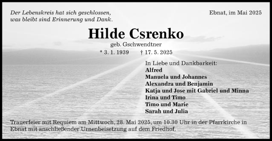 Traueranzeige von Hilde Csrenko von Schwäbische Post