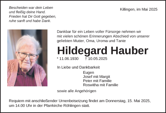 Traueranzeige von Hildegard Hauber von Schwäbische Post