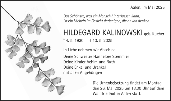 Traueranzeige von Hildegard Kalinowski von Schwäbische Post