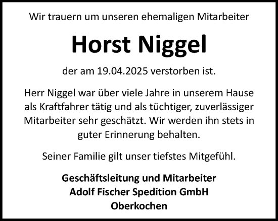 Traueranzeige von Horst Niggel von Schwäbische Post
