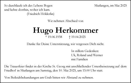 Traueranzeige von Hugo Herkommer von Gmünder Tagespost