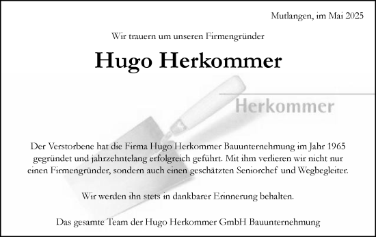 Traueranzeige von Hugo Herkommer von Gmünder Tagespost