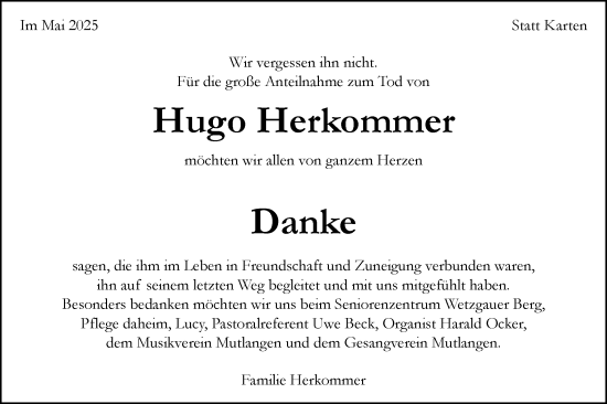 Traueranzeige von Hugo Herkommer von Gmünder Tagespost