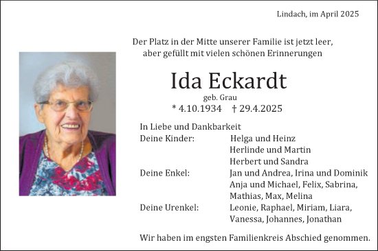 Traueranzeige von Ida Eckardt von Gmünder Tagespost