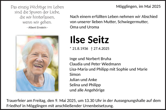 Traueranzeige von Ilse Seitz von Gmünder Tagespost