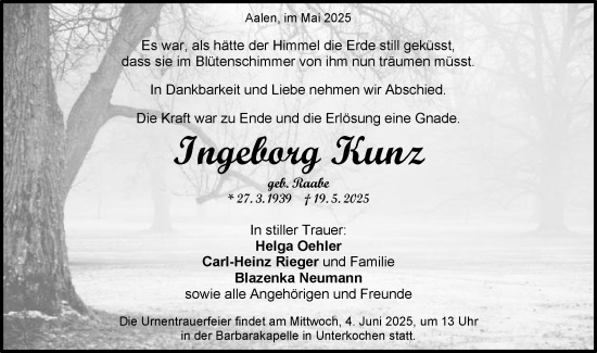 Traueranzeige von Ingeborg Kunz von Schwäbische Post