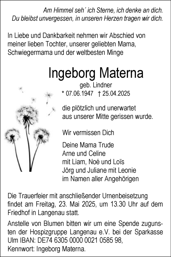 Traueranzeige von Ingeborg Materna von Gmünder Tagespost