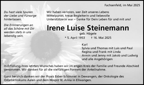 Traueranzeige von Irene Luise Steinemann von Schwäbische Post