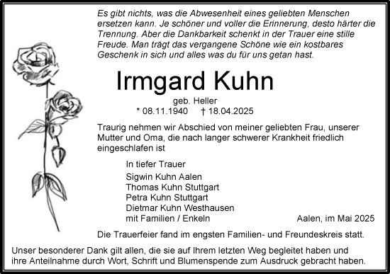 Traueranzeige von Irmgard Kuhn von Schwäbische Post
