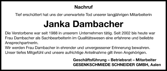 Traueranzeige von Janka Dambacher von Schwäbische Post