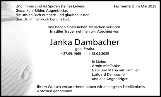 Traueranzeige von Janka Dambacher von Schwäbische Post