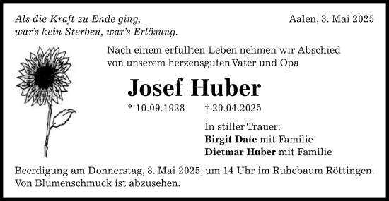 Traueranzeige von Josef Huber von Schwäbische Post