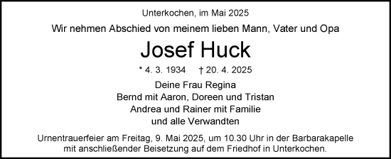 Traueranzeige von Josef Huck von Schwäbische Post