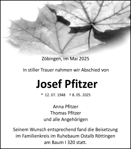 Traueranzeige von Josef Pfitzer von Schwäbische Post