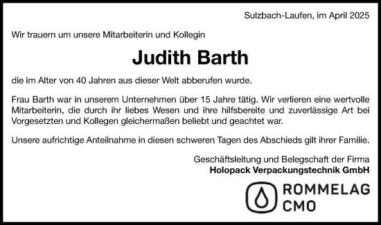 Traueranzeige von Judith Barth von Gmünder Tagespost