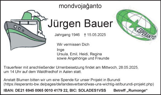 Traueranzeige von Jürgen Bauer von Schwäbische Post