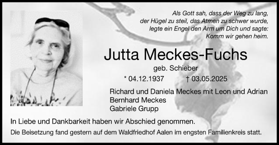 Traueranzeige von Jutta Meckes-Fuchs von Schwäbische Post
