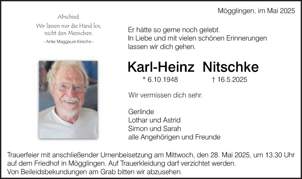  Traueranzeige für Karl-Heinz Nitschke vom 23.05.2025 aus Gmünder Tagespost