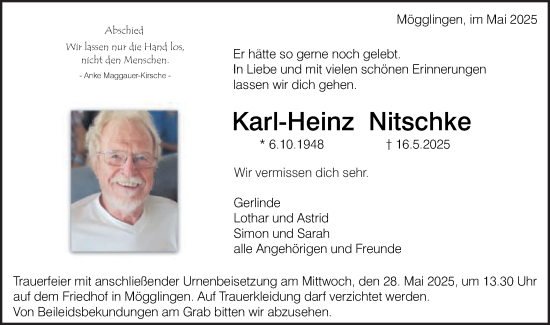 Traueranzeige von Karl-Heinz Nitschke von Gmünder Tagespost