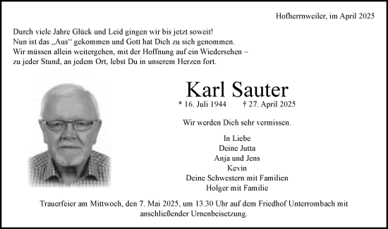 Traueranzeige von Karl Sauter von Schwäbische Post