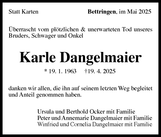 Traueranzeige von Karle Dangelmaier von Gmünder Tagespost