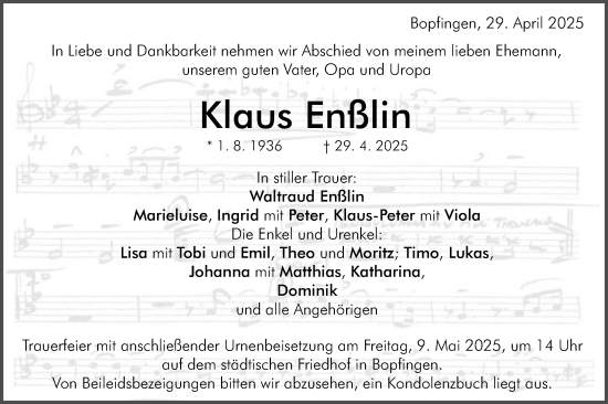 Traueranzeige von Klaus Enßlin von Schwäbische Post