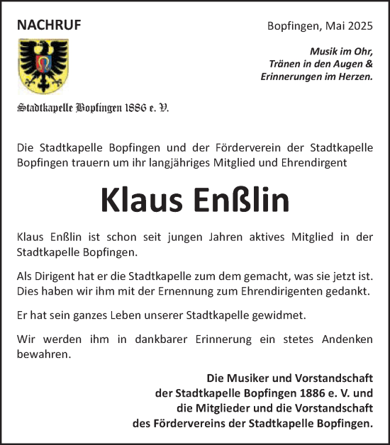 Traueranzeige von Klaus Enßlin von Schwäbische Post
